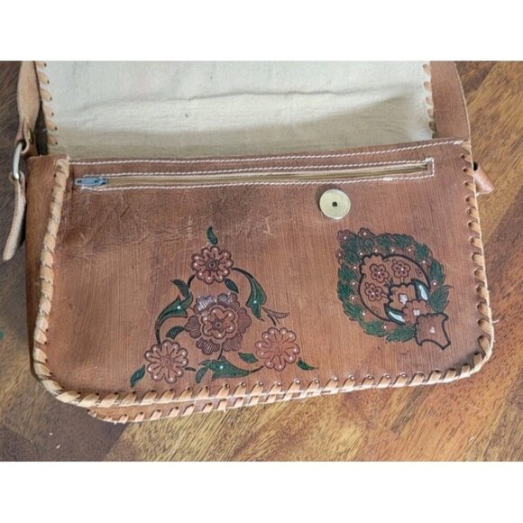 Vintage 1960's Vibe Hand Tooled Leather Hippie Purse Unbranded Floral Crossbody - Picture 9 of 12